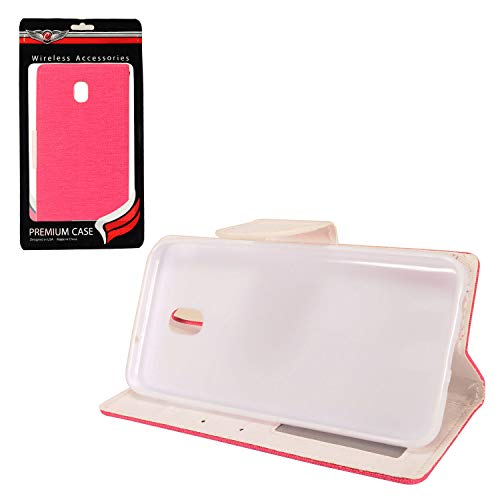 For Samsung Galaxy J7 (2018), J7 Refine, J7 Star, J7V 2nd Gen. SM-J737 - Denim Fabric Flip Wallet Case + Tempered Glass Screen Protector - White/Pink - color: CT5 White/Hot Pink