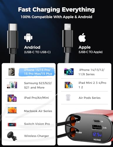 [Upgraded] SUPERONE Retractable Car Charger 4 in 1 Fast Car Phone Charger - color: Red