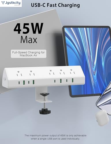 Jgstkcity Desk Clamp Power Strip USB C 45W,1200J Surge Protector - color: White, size: 6 FT