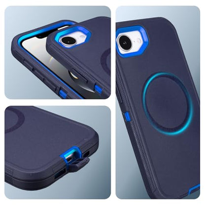 Phone Case for iPhone 16e Magnetic Case with Clip & 360°Rotating Kickstand | Compatible with MagSafe, Heavy Duty Drop Protection, Rugged Shockproof Protective Case for iPhone 16e Case with Kickstand - color: Navy+Blue