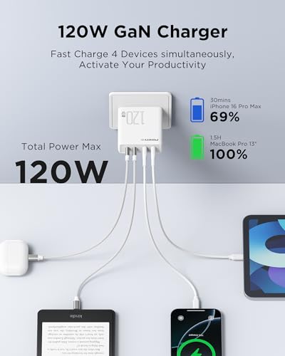 Pisen 120W 4-Port GaN USB-C Charger Block With 6FT USB-C To C Cable For MacBook Pro/Air, Pixelbook, iPad, iPhone, Samsung, Pixel 8, Steam Deck