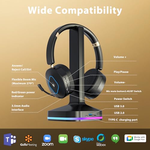 Bluetooth Headset with Microphone, Wireless Headset AI Noise Cancelling, Dual-Mode Bluetooth 6.0 & 2.4G Dongle, Wireless Headphones for 45H Work RGB/HUB Base, Meeting/Office/PC/Phone/Teams/Zoom