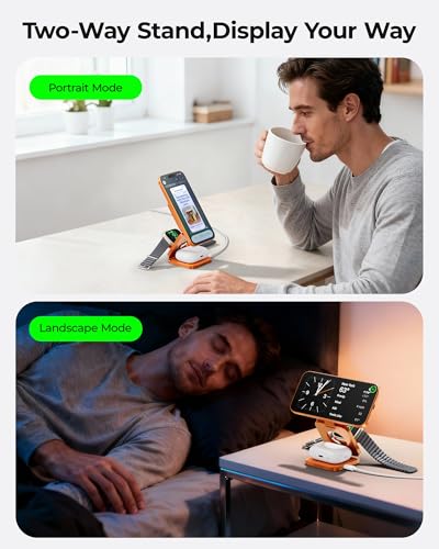 3 in 1 Charging Station for Apple - Qi2.2 25W Magnetic Wireless Charger for iPhone 18/17/16-12, Apple Watch, AirPods, Travel Fast Charging Foldable Stand with 45W GaN Adapter, Aluminum Alloy Design - color: Orange