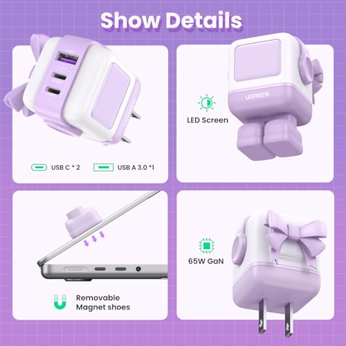 UGREEN Uno 65W 3-Port USB C Charger, GaN Fast Charging Block, Purple - color: Purple