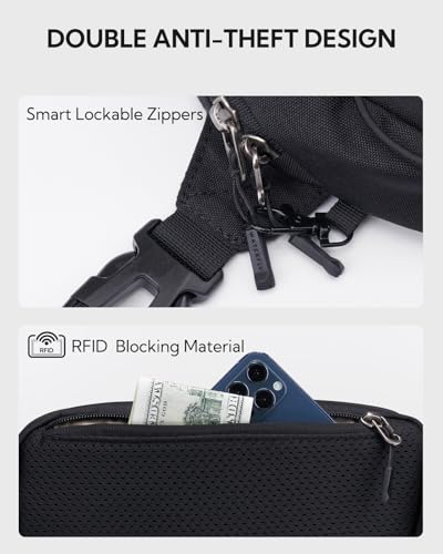 WATERFLY Small Fanny Pack RFID Blocking Travel Hiking Crossbody Waist Bag | Anti-theft design, Water resistant, Lockable zipper, Hidden rear pocket, Lightweight hip belt bag, EDC Running, Cycling, Gym - color: Black