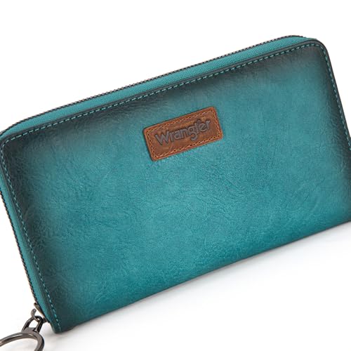 Wrangler Womens Wallet Wristlet Long Purse Designer Clutch Large Capacity Credit Card Holder for Women Men - color: B-Turquoise