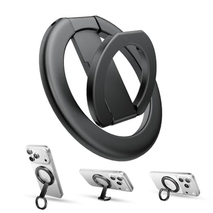 tounee Double-Sided Magnetic Phone Ring Holder Compatible with MagSafe, N52 Strong Magnet Grip & Foldable Kickstand for Gym Rack, Fridge, Fits iPhone 17 16 15 14 Pro Max (Black) - color: Black