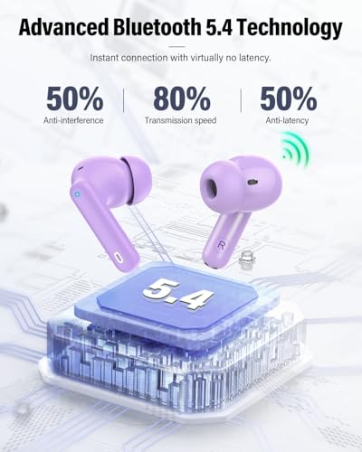 Wireless Earbuds, Bluetooth 5.4 Headphones Bass Stereo/Clear Calls, Purple - color: Purple