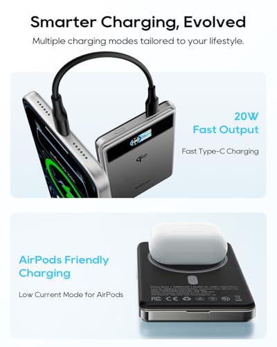 Kuulaa Qi2 MagSafe Power Bank 15W Wireless Portable Charger, 10000mAh Magnetic Battery Pack with Foldable Stand and Smart Display for iPhone 17/16/15/14/13/12 Series Not for Pixel,Grey