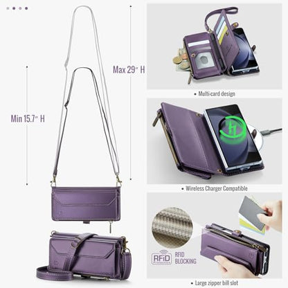 Strapurs Crossbody Wallet Case Compatible with Samsung Galaxy Z Fold 5 with RFID Blocking Card Holder & Pen Holder Slot Soft PU Leather Shoulder Strap Zipper Pocket Purse Fold 5 Phone Case, Purple | RFID Blocking 5-Card Holder, Shoulder Lanyard, Wirst Str
