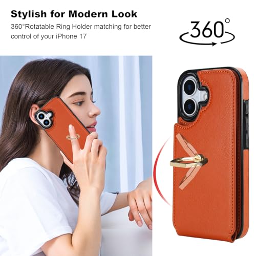 Folosu for iPhone 17 Case Wallet with Card Holder, Finger Ring Cover Brown - color: Brown