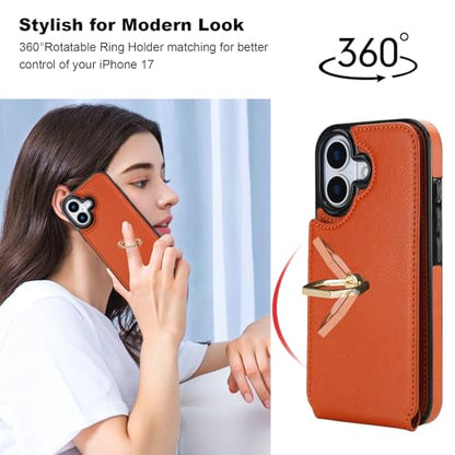Folosu for iPhone 17 Case Wallet with Card Holder, Finger Ring Cover Brown - color: Brown