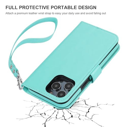 Bocasal Detachable Wallet Case Card Holder for iPhone 14 Pro Max Light Blue | RFID Blocking Kickstand Card Slots Holder PU Leather Magnetic Shockproof Wrist Strap Removable Flip Protective Cover 6.7 inch - color: Light Blue