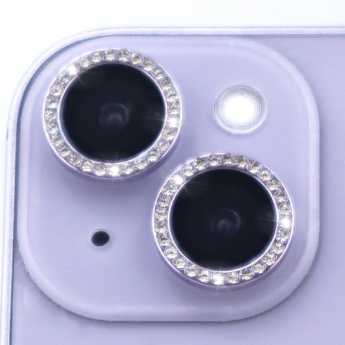 Camera Lens Protector for iPhone 15/15 Plus/14/14 Plus Bling Diamond Metal Ring Rhinestone Tempered Glass Lens Cover Accessories (Purple) - color: Purple