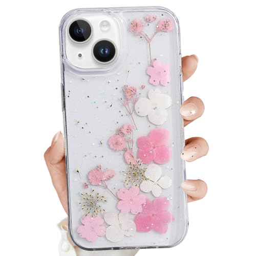 for iPhone 14 Plus Clear Case,Aesthetic Floral Phone Case with Pressed Real Flowers Design,Glitter Cute Floral Pattern Women's Phone Case Slim Soft TPU Protective Girl's Phone Cover for iPhone 14 Plus - color: White Pink, size: iPhone 14 Plus