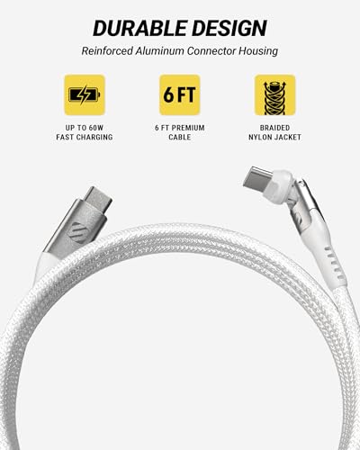 Scosche PowerPivot 60W USB-C to USB-C Cable, 6FT Fast Charging Braided USB C Charger Cord with 360° Rotating & Pivoting Connector Compatible with iPhone 17/16, iPad, Galaxy, MacBook & More, White