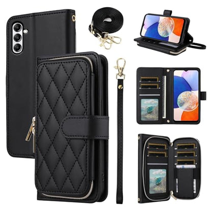 Argyle Wallet Case for Samsung Galaxy A16 5G/4G with Wrist Strap Shoulder Strap, 9+ Card Slots Zipper Purse Luxury PU Leather Stand Checkered Cell Phone Cover for A 16 Women Girls Black | Wrist/Shoulder Strap, 9+ Card Slots, Zipper Purse, Luxury PU Leathe