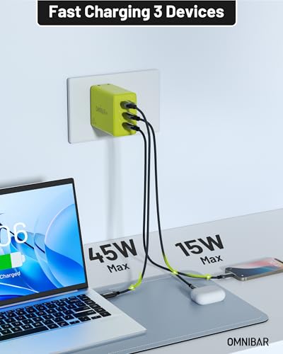 65W USB C Charger Block, 3-Port GaN Fast Wall Charger, Green - color: Lime Green