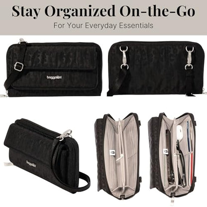 Baggallini Rfid Phone Wallet Crossbody - color: Black Cheetah Emboss