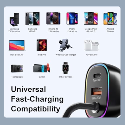 90W Car Charger, USB C Cigarette Lighter Adapter with 4FT Coiled Cable, PD 30W & QC3.0 Fast Charging, Compatible with iPhone 16/15 Series, Samsung Galaxy S24/S23/S22, iPad, Android Phones (Black)
