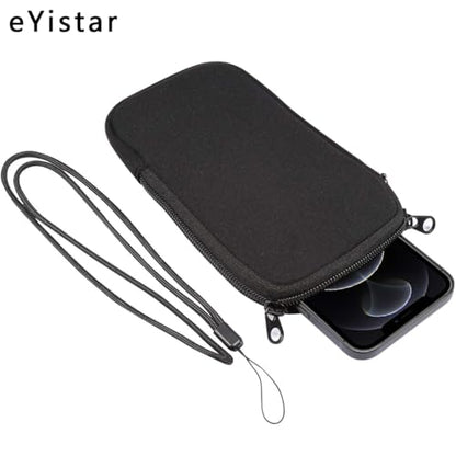Neoprene Shock Absorbing Proof Pouch Large Cell Phone Sleeve Case Cover w Zipper/Neck Strap for iPhone 14 Plus Samsung Galaxy Note20 Ultra S22 Ultra A13 A03 A23 Moto G Power 2022 LG Stylo 6 (Black)