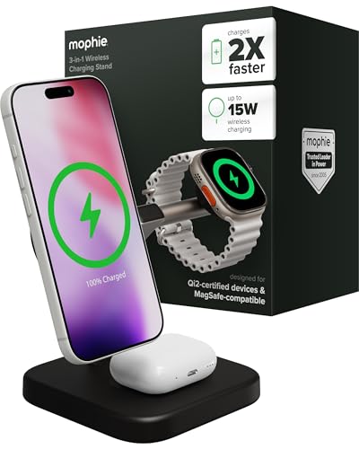 Mophie 3-in-1 Wireless Charging Stand - Qi2-Certified w/Up to 15W Power - color: Black, size: 3-in-1 Charging Stand