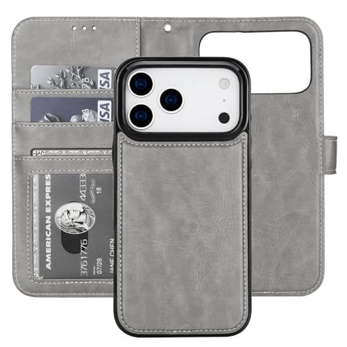 Bocasal Detachable Wallet Case Card Holder for iPhone 17 Pro Max Grey | RFID Blocking Kickstand Card Slots Holder PU Leather Magnetic Shockproof Wrist Strap Removable Flip Protective Cover 6.9 inch - color: Gray