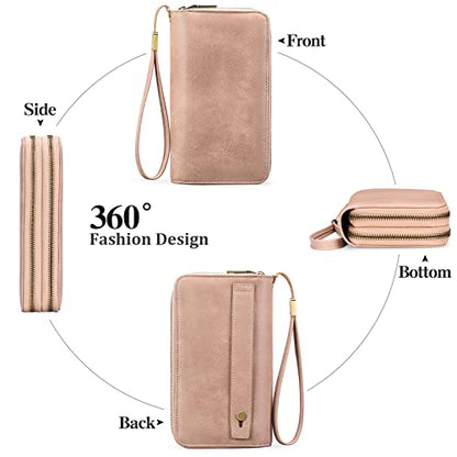 GAEKEAO RFID Leather Wristlet Wallet for Women with Grip Strap | Large capacity clutch wallet, credit card holder, wrist strap, zipper purse, travel and shopping - color: A10 Retro Light Pink-1