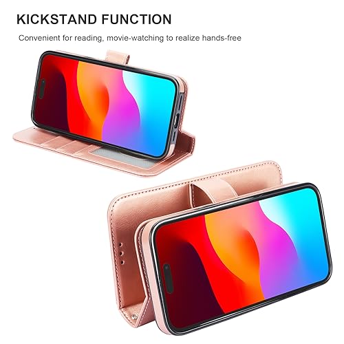 Bocasal Detachable Wallet Case Card Holder for iPhone 15 Pro Max Rose Gold | RFID Blocking Kickstand Card Slots Holder PU Leather Magnetic Shockproof Wrist Strap Removable Flip Protective Cover 6.7 inch - color: Rose Gold
