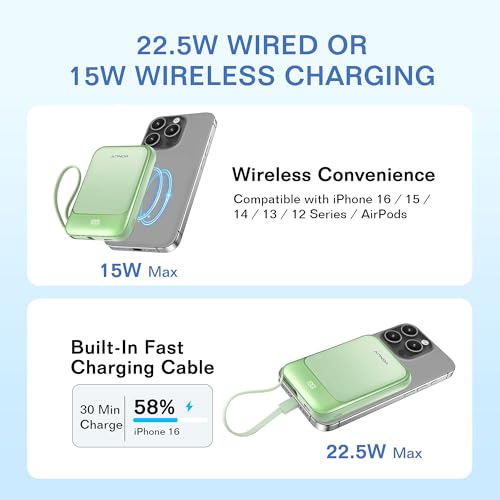Magnetic Power Bank 10000mAh, Wireless Portable Charger with 15W Max Fast Charging & Built-in USB-C Cable, 22.5W PD LED Display Battery Pack Compatible with iPhone 17/16/15, Samsung Galaxy(green) - color: Green