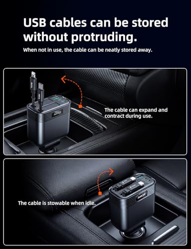 AKESR 5-in-1 Retractable Car Charger，66W Car Charger USB C Fast Charge