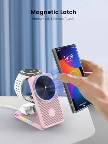 Magnetic Wireless Charger for Samsung, 3 in 1 Travel Charging Station - color: Pink