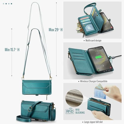 for Samsung Galaxy S23 FE Wallet Case with Card Holder, Green | RFID Blocking Slots, Crossbody Lanyard, Wrist Strap, Zipper Pocket Purse Handbag, Magnetic Closure - color: Green, size: Galxay S23 FE