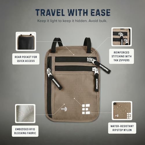 Zero Grid RFID Travel Neck Wallet, Large Passport Holder, Beige - color: Beige, size: Solo/Couple