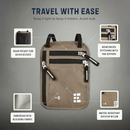 Zero Grid RFID Travel Neck Wallet, Large Passport Holder, Beige - color: Beige, size: Solo/Couple