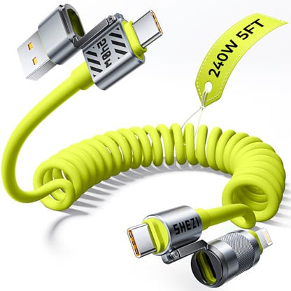 240W 4 in 1 Coiled USB C Cable, 5FT CarPlay & Android Auto Cable - color: Green, size: 240W, style: Coiled Cable