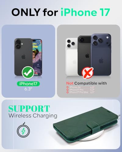 OCASE for iPhone 17 Wallet Case, Card Holder, Blackish Green | RFID Blocking, Kickstand, Magnetic Closure, PU Leather Flip Folio, Shockproof TPU Shell, Protective Phone Cover (6.3") 2025 - color: Blackish Green