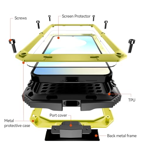 Simicoo for Samsung Galaxy S25 FE Metal Military Heavy Duty Case, Metallic Bumper Shockproof Dustproof Rugged Tough with Stand Screen Protector Camera Control Full Body Drop Protective Cover Yellow - color: Yellow