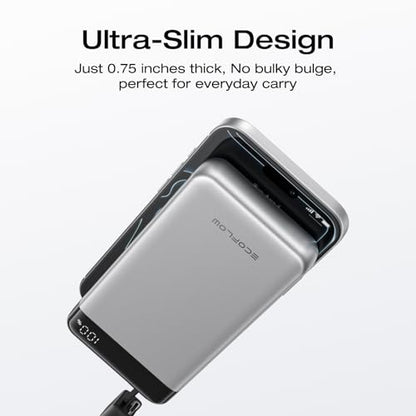 EF ECOFLOW Rapid 20000mAh Power Bank, 45W Max Fast Charging,Portable Phone Charger Built in USB C Cable and USB-C&A Port Digital Display Battery Bank for iPhone 17/16/15 Series, Samsung S23 ipad 11 - color: Sliver