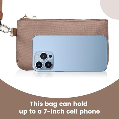 Mini Zip Around Wristlet Wallet, Dual Pouch Keychain Coin Purse for Women | Phone wallet design, detachable pouches, waterproof nylon, zipper closure, card holder, travel and daily essentials organizer - color: Khaki+Brown