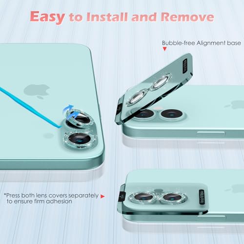 imluckies for iPhone 16 / iPhone 16 Plus Camera Lens Protector, AR+AF Tempered Glass 9H Anti-Scratch Metal Individual Lens Cover, HD Clear Camera Accessories, Glitter Teal - color: Glitter Teal