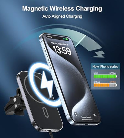 Mukiya for MagSafe Car Mount Charger with Adapter, 360° Rotation Magnetic Wireless iPhone Car Charger for Air Vent, Compatible with iPhone 18/17/16/15/14/13/12 Pro Max Air Plus Mini - color: Black