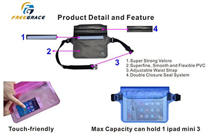 Freegrace Waterproof Pouches with Waist Strap / Pouch Case Bundle Set- Keep Your Phone & Valuables Dry and Safe - Waterproof Dry Bags for Boating Swimming Snorkeling Kayaking Beach Water Parks Pool - color: Black + Blue