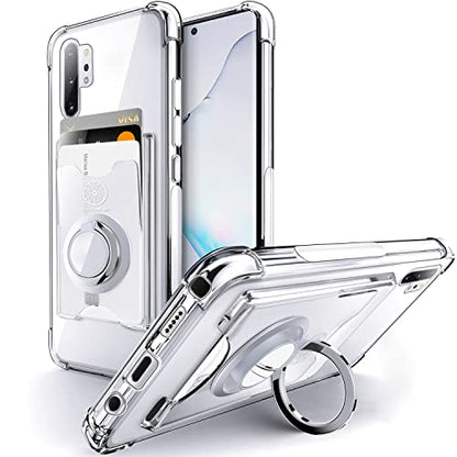 Shields Up for Samsung Galaxy Note 10 Plus Case with Card Holder, Clear | Minimalist Wallet Case, 3 Card Slots, 360° Rotation Ring Stand/Kickstand, [Drop Protection] Slim Protective Cover - size: Galaxy Note 10 Plus