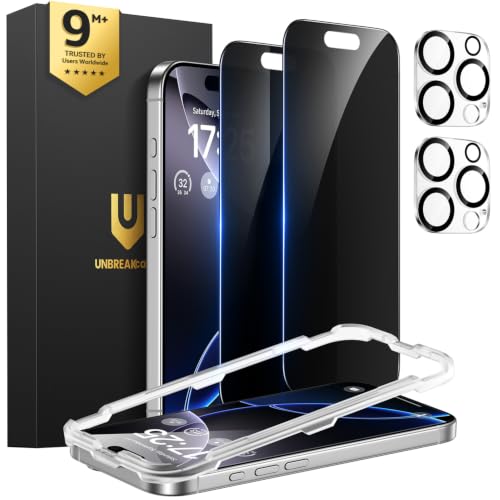 UNBREAKcable iPhone 16 Pro Privacy Screen Protector 2-Pack, Upgraded Dual-Tempered Glass + 2 Camera Lens Protectors, 25° Anti-Spy, Military-Grade 9H+, HD Clear, Anti-Fingerprint, 6.3 Inch - size: iPhone 16 Pro