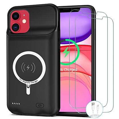 Battery Case for iPhone 11, [10000mAh] Enhanced Rechargeable Portable Protective Qi Wireless Charger Case Pack Support CarPlay Wireless Charging Case Compatible with iPhone 11 (6.1 inch)-Black - size: iPhone 11