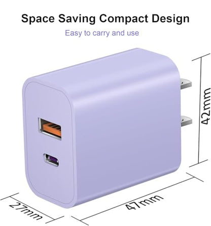 iPhone 16/15 Charger, USB C [3 Pack] Dual Port QC + PD Wall Charger Block With USB A Quick Charging Brick Plug for Apple iPhone 16/16 Pro Max/16 Plus/15/14/13/12/11/X/iPad - Purple - color: Purple
