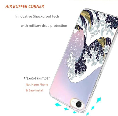 for iPhone 17e & 16e Case: Slim Clear Matte Cute Flowers Floral Design for Girls Women Military Grade Drop Protection TPU Bumper Shockproof Silicone Phone Cover (Great Wave) - color: Great Wave