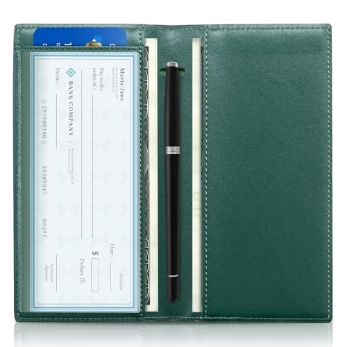 CoBak Checkbook Cover for Women & Men - PU Leather Case with RFID Blocking | Classic Design Check Book Holder for Personal and Business - color: Crocodile Pine Green