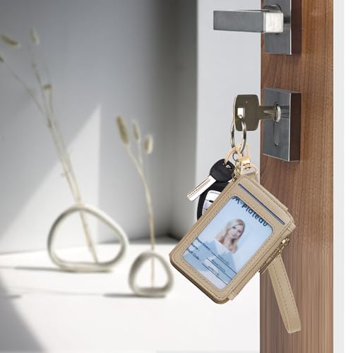 M-Plateau RFID Blocking Keychain Wallet With Leather Wrist Strap | Keychain Wristlet, Womens Card Holder with Zipper Coin Pocket and ID Window - color: Khaki